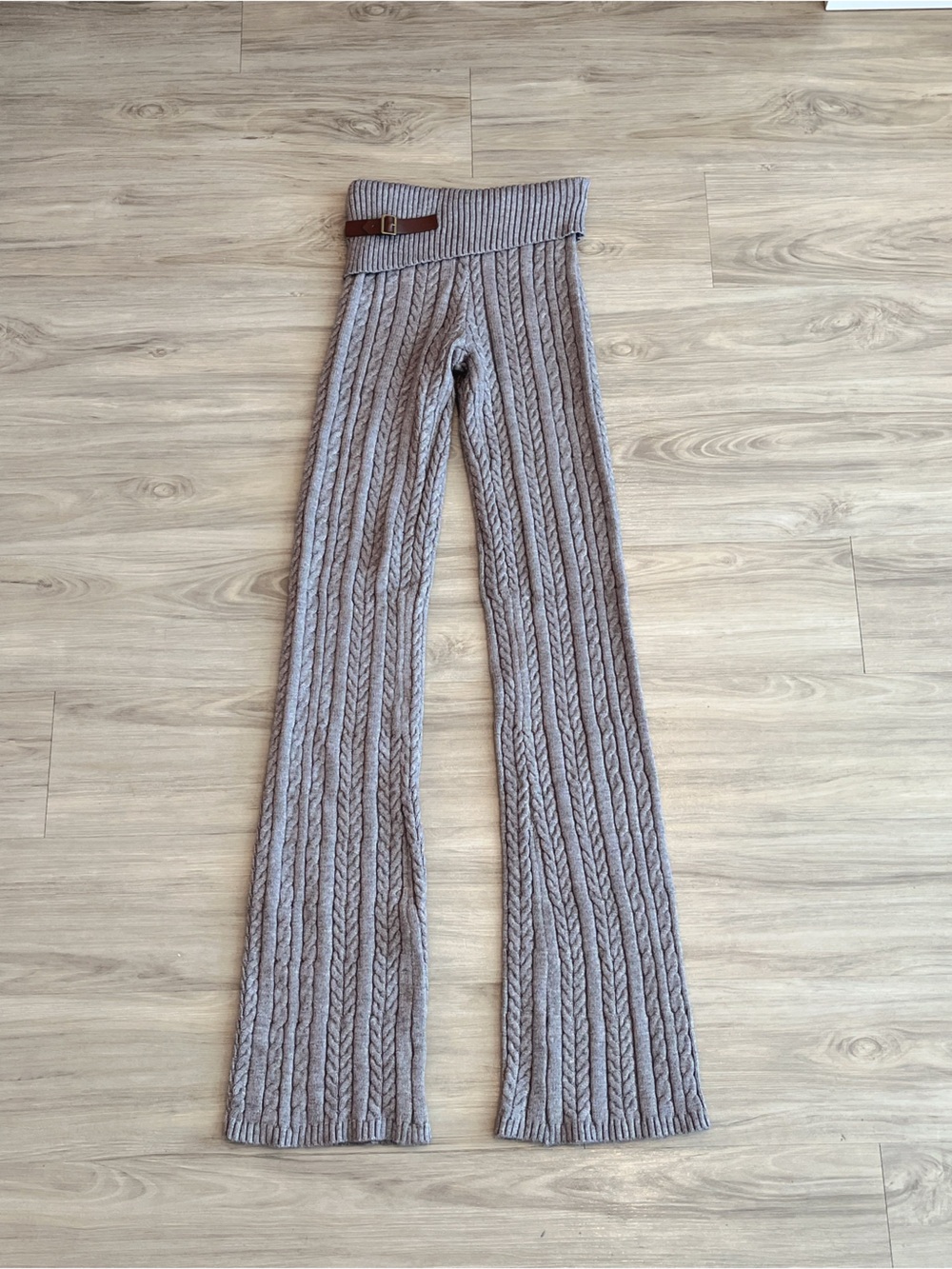 Frankies Bikinis Fleur Cable-Knit Flare Bootcut Pants in Taupe Dark Pearl
